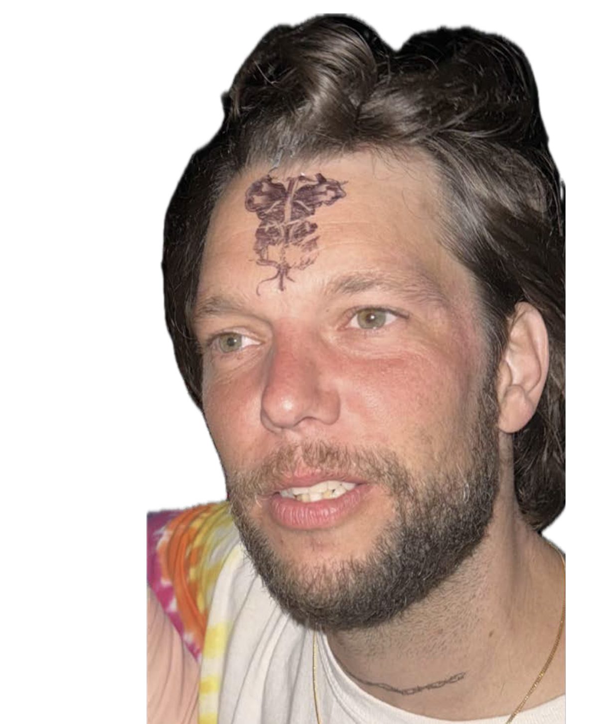 A man with a temporary portrait tattoo on his face looks at the camera.