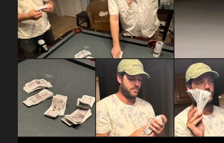 A collage of four photographs showing a man in a bucket hat mixing drinks, carrying money, and fanning a stack of notes beside his face.