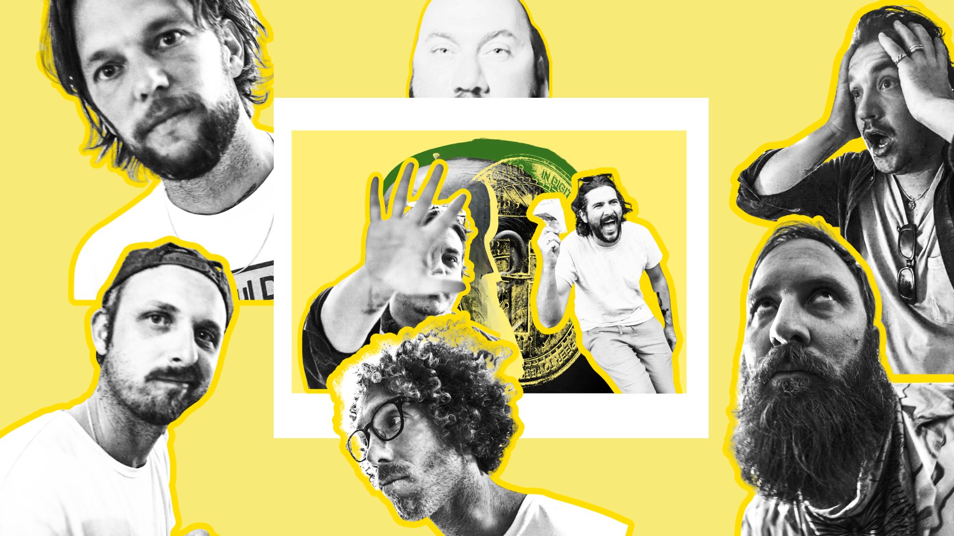 Yellow collage artwork: black-and-white cutout portraits of seven men react around a central framed panel in which one man blocks the camera and another laughs holding a note, in front of a large engraved coin.